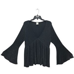 By Together Blouse Womens Large Black Metallic Flared Sleeve Boho Peplum Top USA